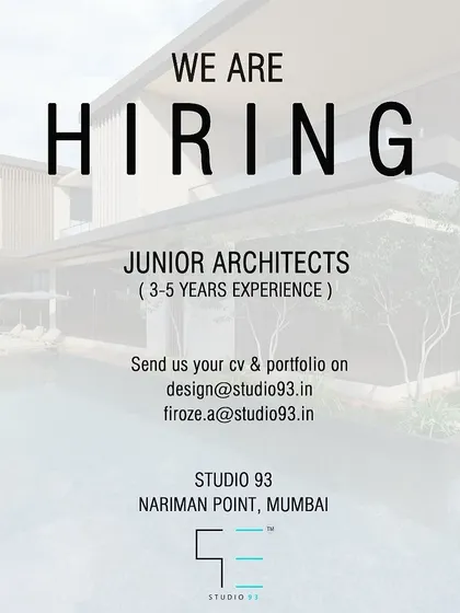 Studio 93 in Mumbai is hiring Junior Architects with 3-5 years of experience for their office in Nariman Point.