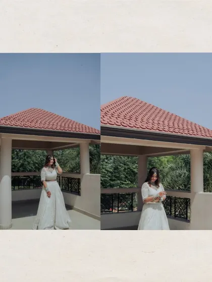 A wide shot of the bride on a balcony, providing a sense of place and atmosphere for her bridal portraits.