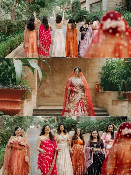 A collage showing the bride's "first look" with her bridesmaids, a beautiful and emotional moment before the ceremony.