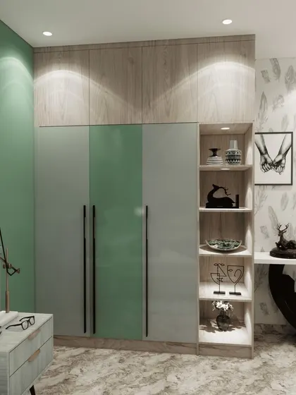 A 3D render of a hinged wardrobe in a soothing sage green and grey combination. The design includes open shelving for displaying decor items.