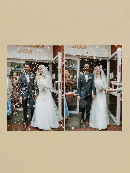 The confetti exit. A moment of pure celebration as the couple leaves the ceremony, showered with petals and good wishes from their loved ones.