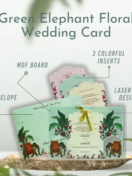 This green elephant floral wedding card combines traditional motifs with modern laser-cutting. It features an MDF board, three colorful inserts, and a beautiful laser-cut frame.