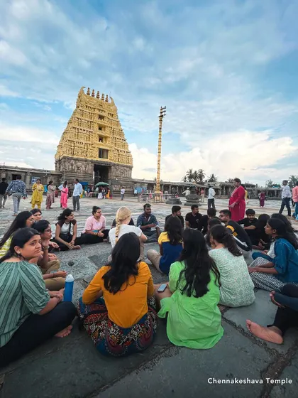 A community circle at the Chennakesava Temple. Our trips are not just about seeing the sights, but also about connecting with each other, sharing stories, and creating a sense of community in the most beautiful settings.