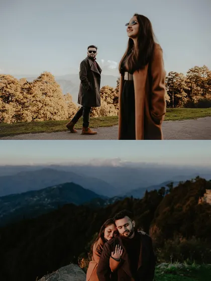 A collage of two images from a sunset shoot in the mountains, capturing the couple in both a candid, walking pose and a close, romantic embrace.