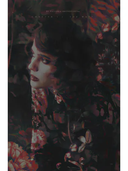 A double-exposure style image from 'The Wait', blending a portrait with floral motifs. This visual technique represents the merging of memory and present reality.