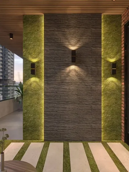 A proposed balcony design featuring a stone accent wall with modern sconce lighting. The wall is flanked by moss panels, adding a unique touch of green.