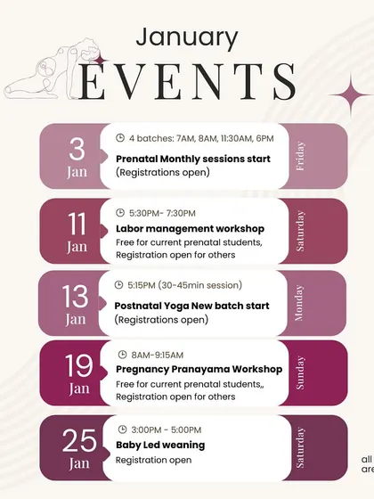 My January schedule gives you an idea of the different workshops I offer for new and expecting moms, including the popular baby-led weaning session.