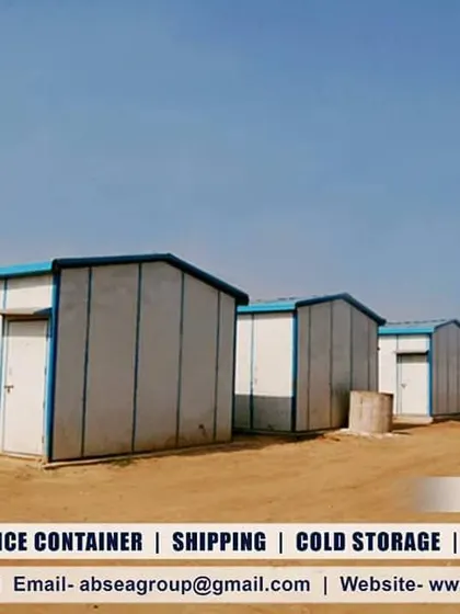 A row of porta cabins installed in a remote location. These versatile units can serve as worker accommodation, storage, or temporary facilities, offering a durable and pocket-friendly solution.