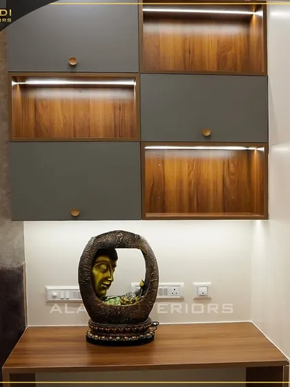 A wall-mounted study or storage unit in grey and wood tones. The backlit open shelves are perfect for displaying books or decor items like the small Buddha fountain shown here.
