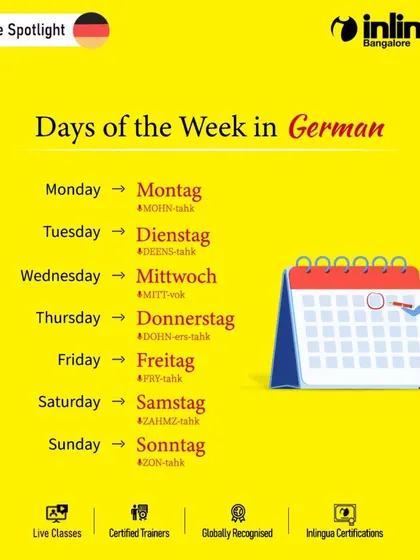 Start your German journey by learning the days of the week. This clear and simple graphic lists each day from Montag (Monday) to Sonntag (Sunday) with phonetic pronunciations to help you master the basics.