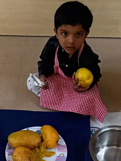A collage of moments from our mango-themed cooking sessions, where children learned to peel, slice, and prepare delicious mango treats like milkshakes and cheesecake.