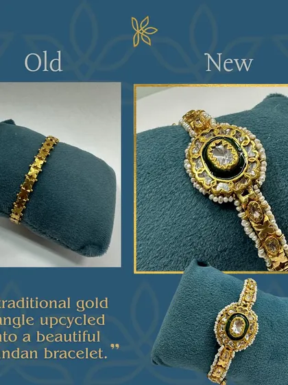 Refurbished jewelry doesn't mean old-fashioned. This old gold bangle has been reimagined into a stunning Kundan bracelet, preserving its past while embracing modern elegance.