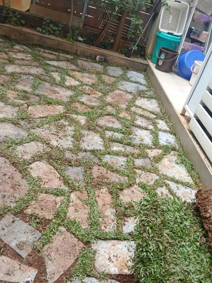 The installation of a rustic flagstone patio, showing the irregular stones being set in place. This style is excellent for creating a charming, informal outdoor living area.