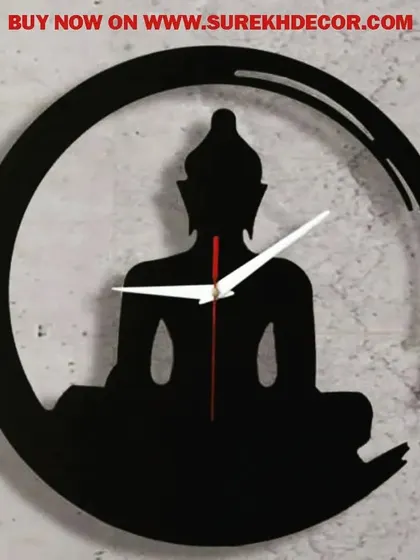 A peaceful and modern design, this wall clock showcases the silhouette of a meditating Buddha within a crescent frame. The minimalist black metal construction creates a sense of calm and tranquility.