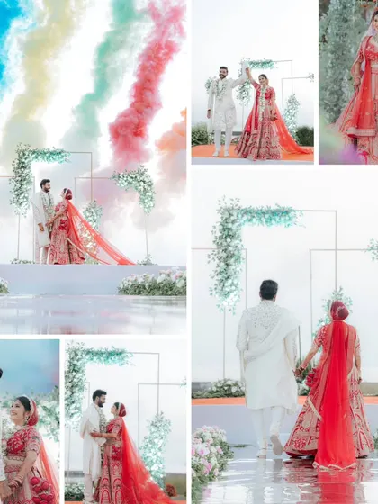 A collage of Aboli and Harsh's wedding ceremony, showcasing the colorful smoke bomb exit, their walk down the aisle, and intimate couple portraits.