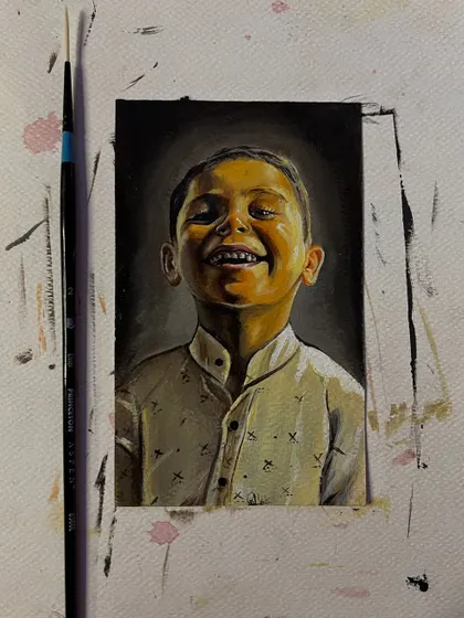 A miniature portrait of a smiling boy, capturing a moment of pure childhood joy. These are the best days of our lives, and art helps us remember them.