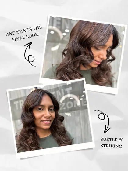 A before-and-after collage showing a subtle yet striking transformation, perfect for a bride-friendly makeover.