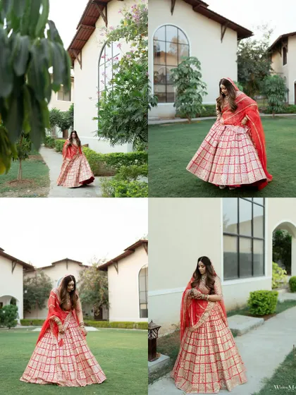 A series of portraits showcasing the bride's beautiful red lehenga in a lovely garden setting. We take the time to capture the full look and details of the bridal attire.