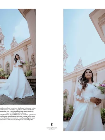 A collage of the bride in her white gown, posing outside the church, with a heartfelt message about her journey.