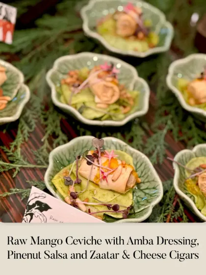 Here, our Za'atar & Cheese Cigars are served as a crunchy element alongside a refreshing Raw Mango Ceviche.