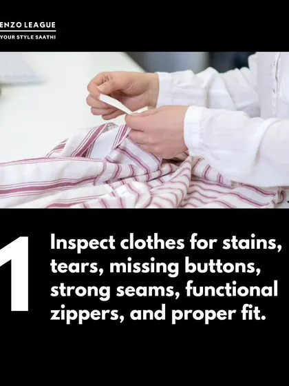 Thrifting Tip #1: Always inspect clothes carefully. Look for stains, tears, missing buttons, and check the seams and zippers to ensure the item is in good condition.