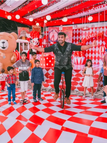 Our unicyclist wows the kids at a circus-themed party, with our Teddy Bear mascot in the background. We combine skill and character performance for a complete show.