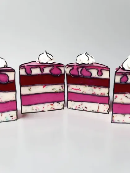 A close-up of the comic cake soap slices, highlighting the fun confetti-like embeds and bold outlines.