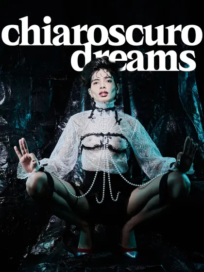 The title shot for the "Chiaroscuro Dreams" editorial, using dramatic lighting to create a high-contrast, edgy look.