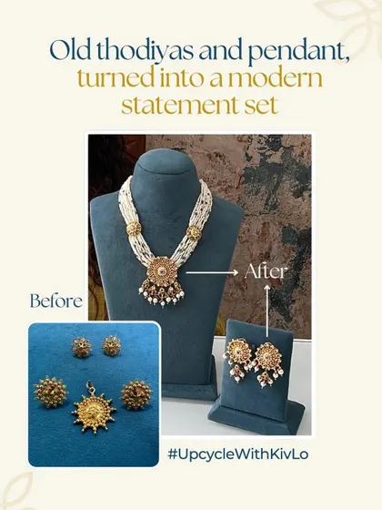 A perfect gift for a bride-to-be. We took old thodiyas (ear studs) and a pendant from our client's mother and turned them into a modern statement set for her daughter's wedding, full of blessings.
