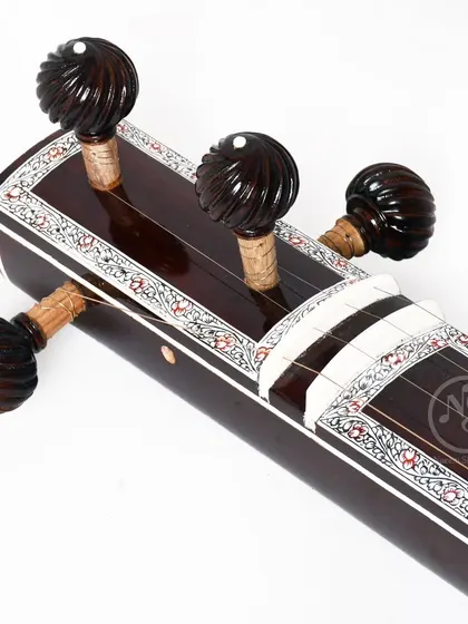 The headstock of the flat wooden tanpuri, with its carved rosewood pegs. These details ensure the instrument is easy to tune and holds its pitch well.