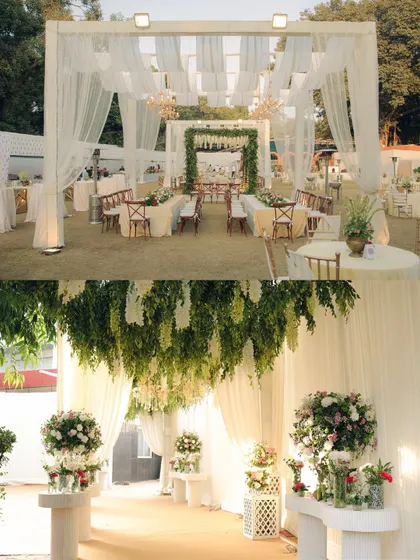 A look at the stunning wedding decor, featuring a lush green and white theme. I make sure to capture the ambiance and scale of your event, from wide shots of the venue to close-ups of the floral installations.