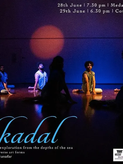 The poster for "Alaikkadal," a devised folk contemporary piece. The image beautifully captures the theme of the sea and the collective struggle of the fishing community.