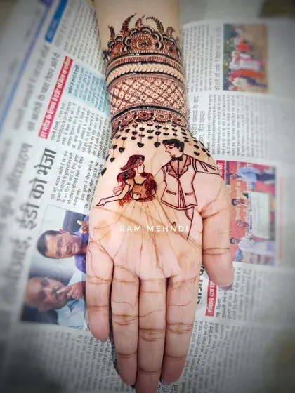 A modern, cartoon-style couple portrait on the palm. If you have a specific art style in mind for your portrait, I can adapt my drawing to match it.