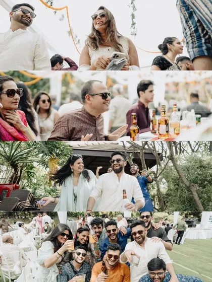 A collage of candid moments showing guests laughing, drinking, and celebrating at a relaxed outdoor wedding event.