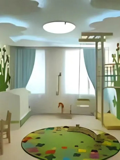 This kids' room is designed for play and imagination. It features a custom bed, a small table, and a fun climbing structure, all tied together with a green and white nature theme.