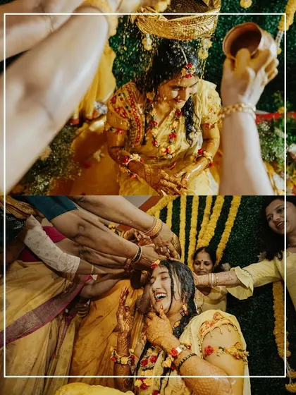 A collage capturing the fun and messy moments of the Haldi, with the bride laughing as she is covered in turmeric.