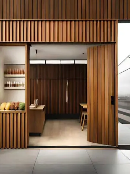 A striking entryway with floor-to-ceiling vertical wood panelling. The design features a large pivot door and a small integrated counter, creating a powerful and modern architectural statement.