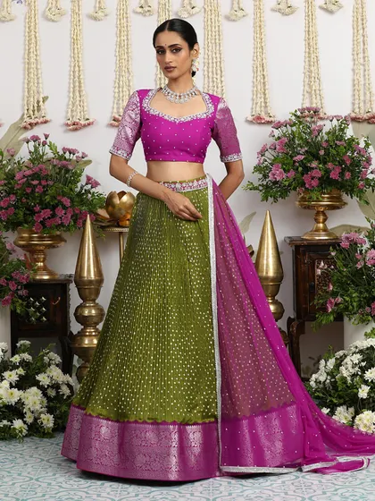 Another view of this new-age festive lehenga, perfect for a wedding guest who wants to stand out.