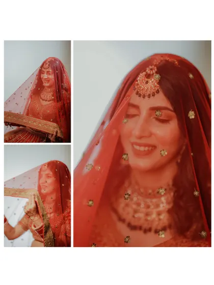 A collage of the bride under her red veil. The warm, artistic filter and her happy expressions create a series of intimate and joyful portraits.