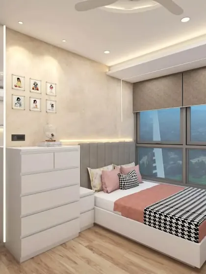 The opposite view of the 3D bedroom design, showing the bed with a simple headboard and a chest of drawers that doubles as a room divider.