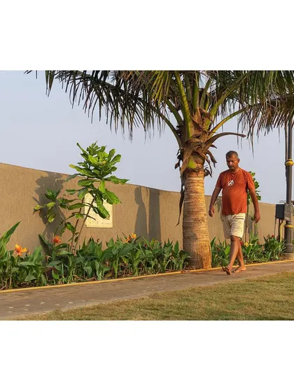 A resident takes a morning walk along the landscaped perimeter of the Gora Dabkal ground. The inclusion of walking paths and native plantings promotes both physical fitness and a connection to nature within the urban village.