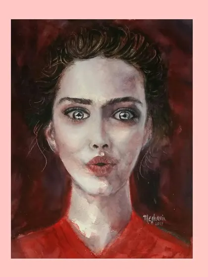 Titled "The Woman In Awe," this watercolor painting was an exercise in capturing a complex expression. I used deep red tones to create a dramatic and emotional atmosphere.