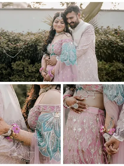 This collage focuses on the tender details of the Haldi ceremony. It highlights the couple's coordinated outfits, the floral jewelry, and the gentle way they hold hands, showcasing their connection.