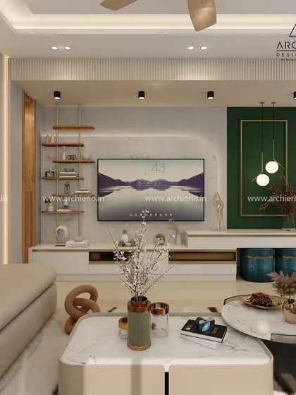 A modern living room featuring a TV unit with fluted paneling and open shelves for display. The deep green accent wall adds a touch of drama and personality.