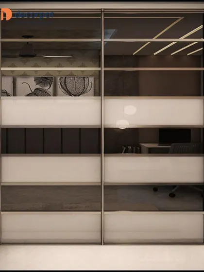 This design showcases a sophisticated mix of materials on sliding doors, including tinted glass, white laminate, and textured grey panels. It’s a perfect example of a modern, high-end custom wardrobe.