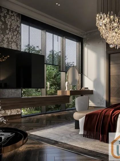 A modern bedroom design that seamlessly integrates a vanity table and TV unit, set against floor-to-ceiling windows for a bright, open feel.