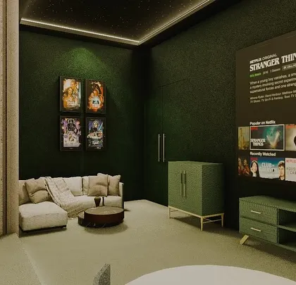The full view of this versatile entertainment room, showing how different types of furniture can be combined to serve multiple functions.