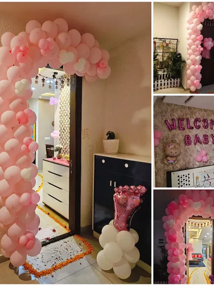 Welcoming a new baby is a precious moment, and I love creating warm and inviting home decorations for it. This collage shows a complete "Welcome Baby Girl" setup, featuring pink balloon arches, "Welcome Baby" foil letters, and cute themed accents.