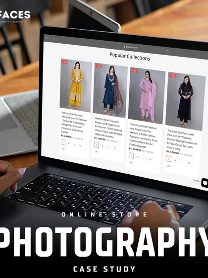 A laptop displaying the "Popular Collections" section of an ethnic wear website, featuring four of our catalogue shots.