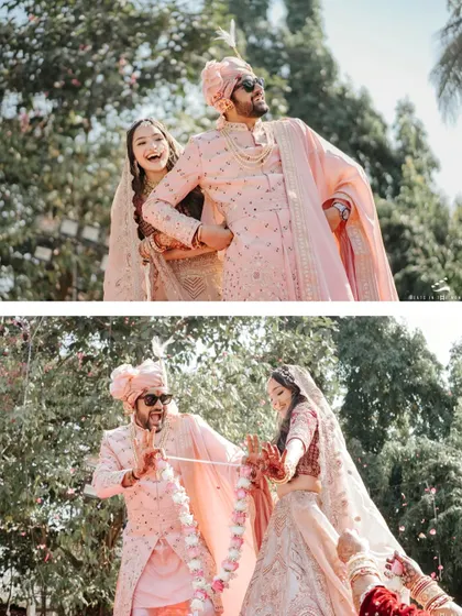 A collage capturing the playful and fun moments of the jaimala ceremony. The couple's laughter and competitive spirit make for great memories.